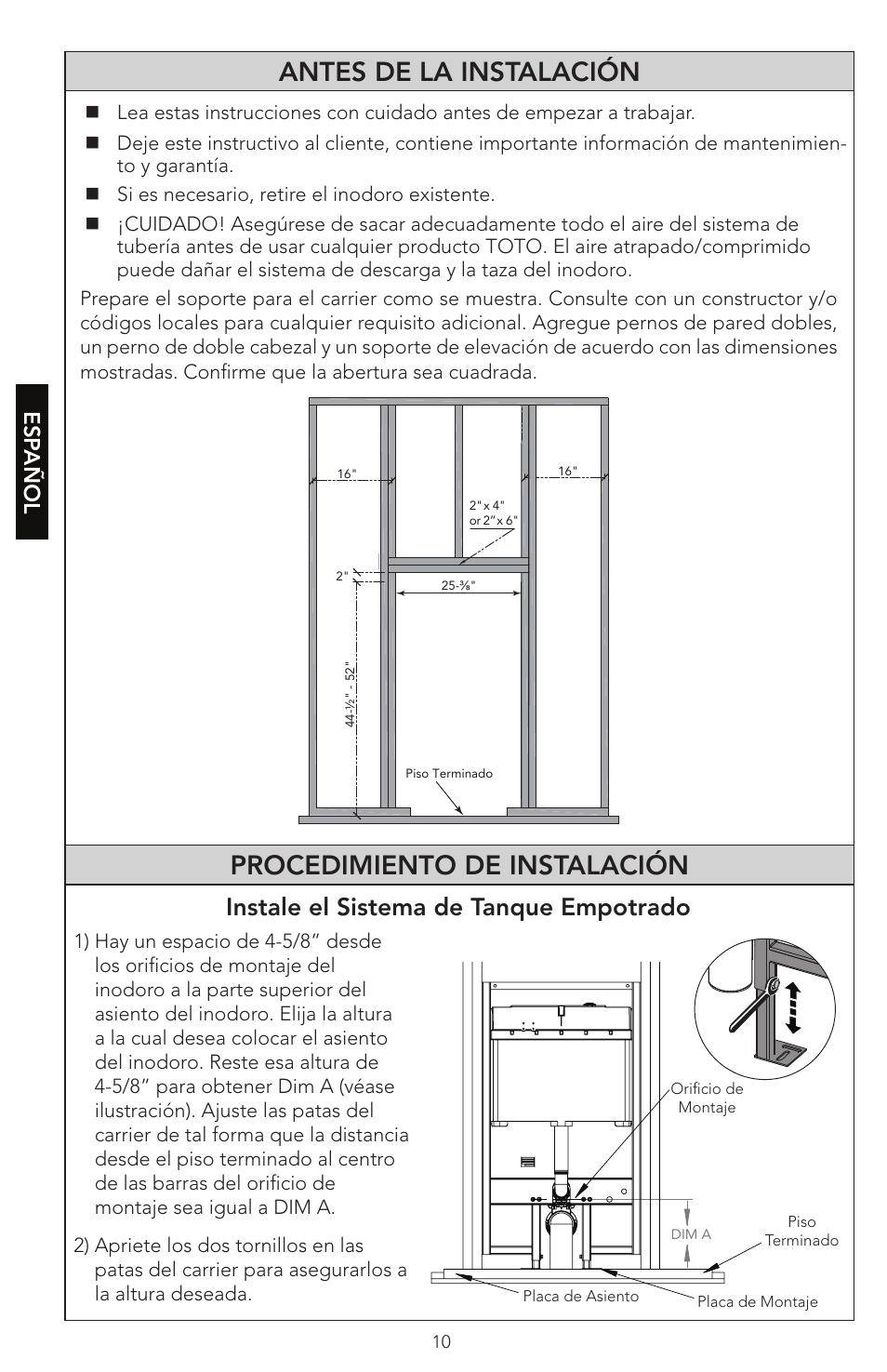 Instale el sistema de tanque empotrado, Esp añol | Factory Direct Hardware Toto WT152M#01 In-Wall User Manual | Page 10 / 24