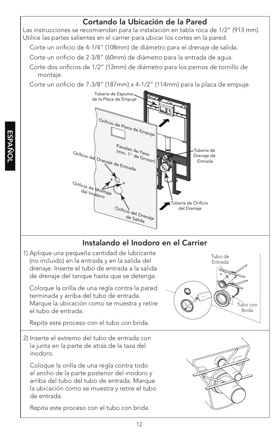 Cortando la ubicación de la pared, Instalando el inodoro en el carrier, Esp añol | Factory Direct Hardware Toto WT152M#01 In-Wall User Manual | Page 12 / 24