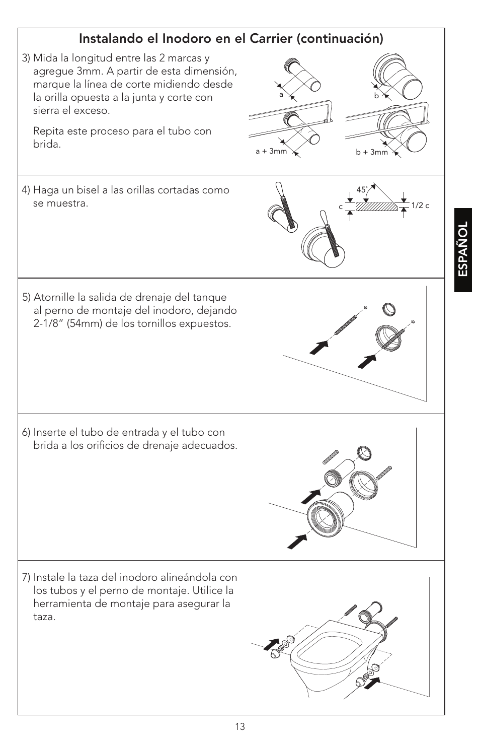 Instalando el inodoro en el carrier (continuación), Esp añol | Factory Direct Hardware Toto WT152M#01 In-Wall User Manual | Page 13 / 24