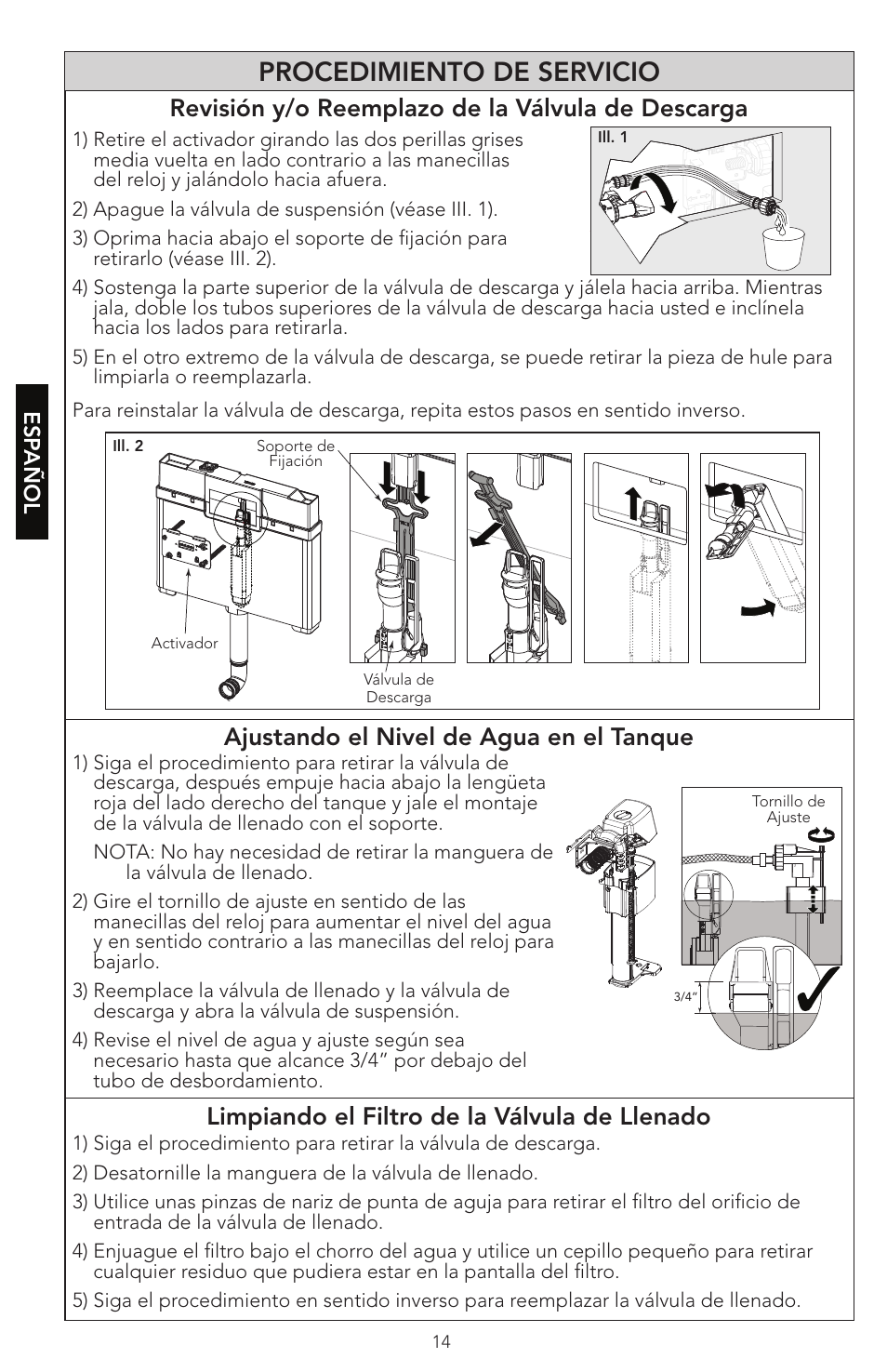 Procedimiento de servicio, Revisión y/o reemplazo de la válvula de descarga, Ajustando el nivel de agua en el tanque | Limpiando el filtro de la válvula de llenado, Esp añol | Factory Direct Hardware Toto WT152M#01 In-Wall User Manual | Page 14 / 24