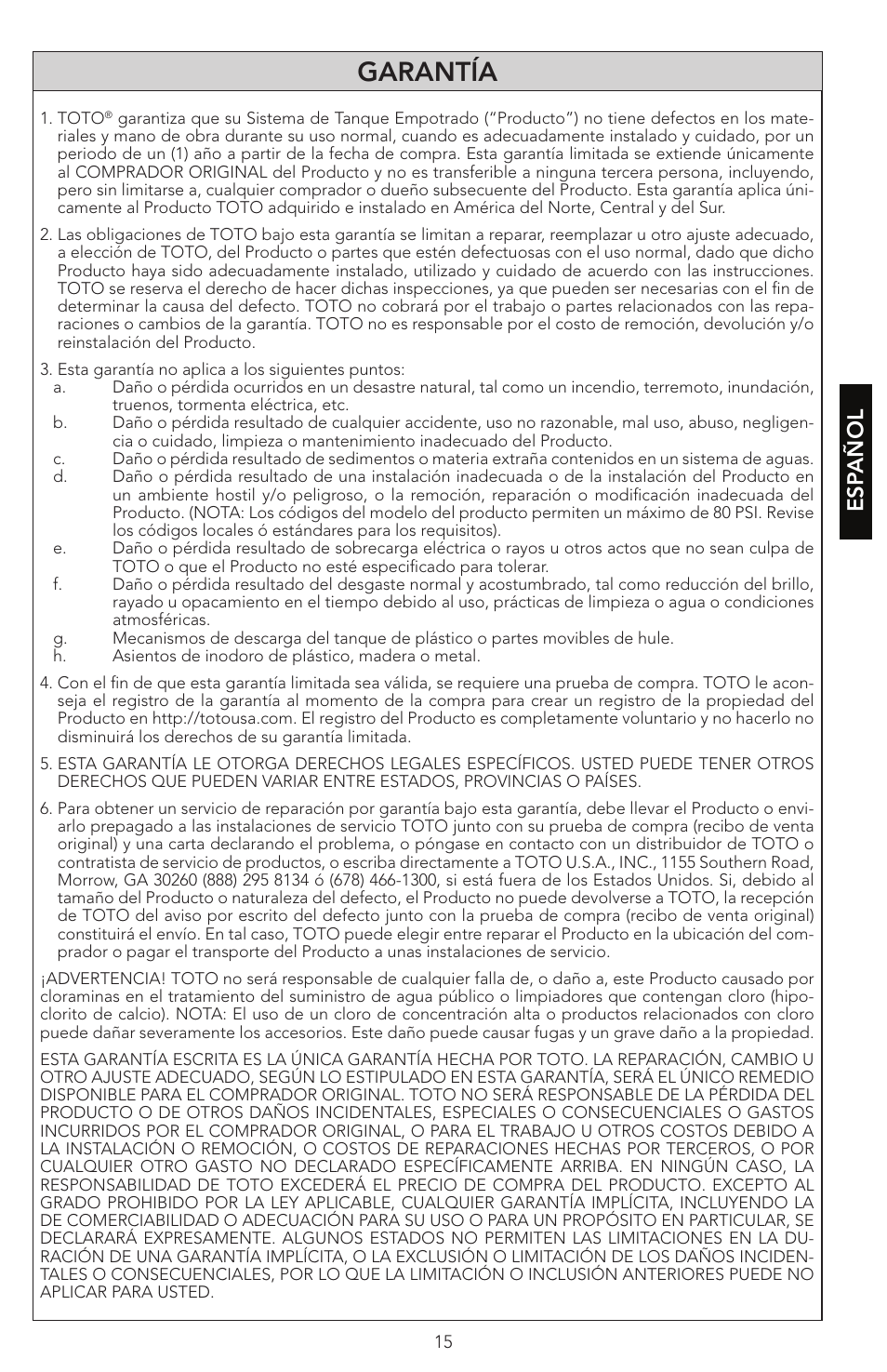 Garantía, Esp añol | Factory Direct Hardware Toto WT152M#01 In-Wall User Manual | Page 15 / 24