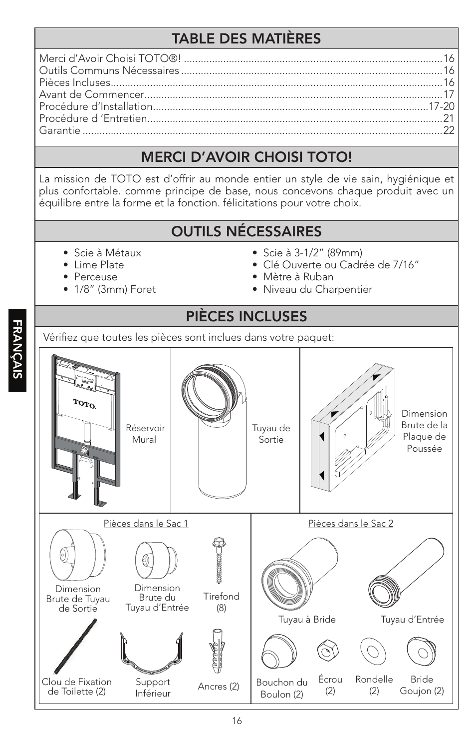 Pièces incluses, Français | Factory Direct Hardware Toto WT152M#01 In-Wall User Manual | Page 16 / 24