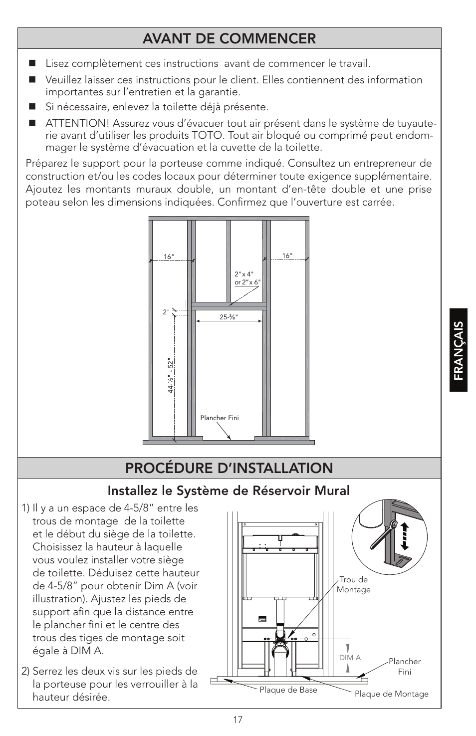 Avant de commencer procédure d’installation, Installez le système de réservoir mural, Français | Factory Direct Hardware Toto WT152M#01 In-Wall User Manual | Page 17 / 24