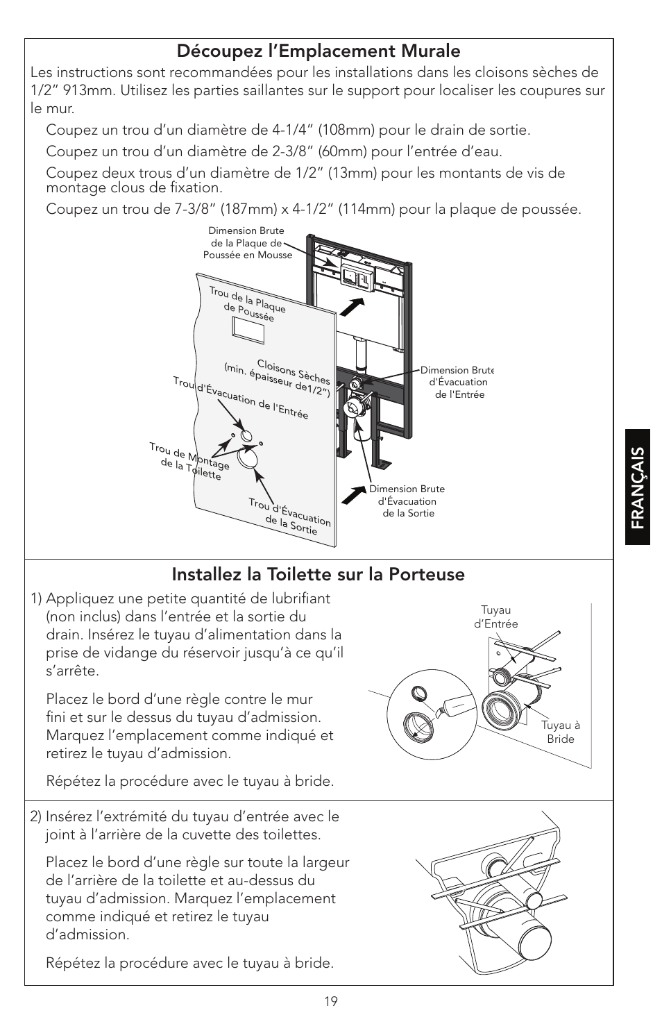 Découpez l’emplacement murale, Installez la toilette sur la porteuse, Français | Factory Direct Hardware Toto WT152M#01 In-Wall User Manual | Page 19 / 24