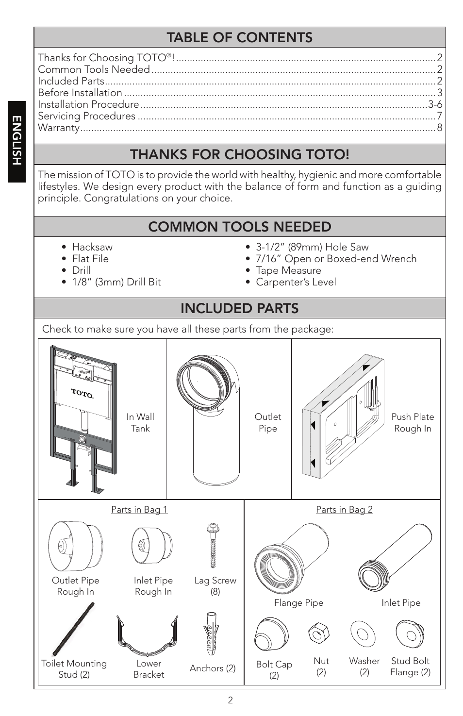 Included parts common tools needed, English | Factory Direct Hardware Toto WT152M#01 In-Wall User Manual | Page 2 / 24