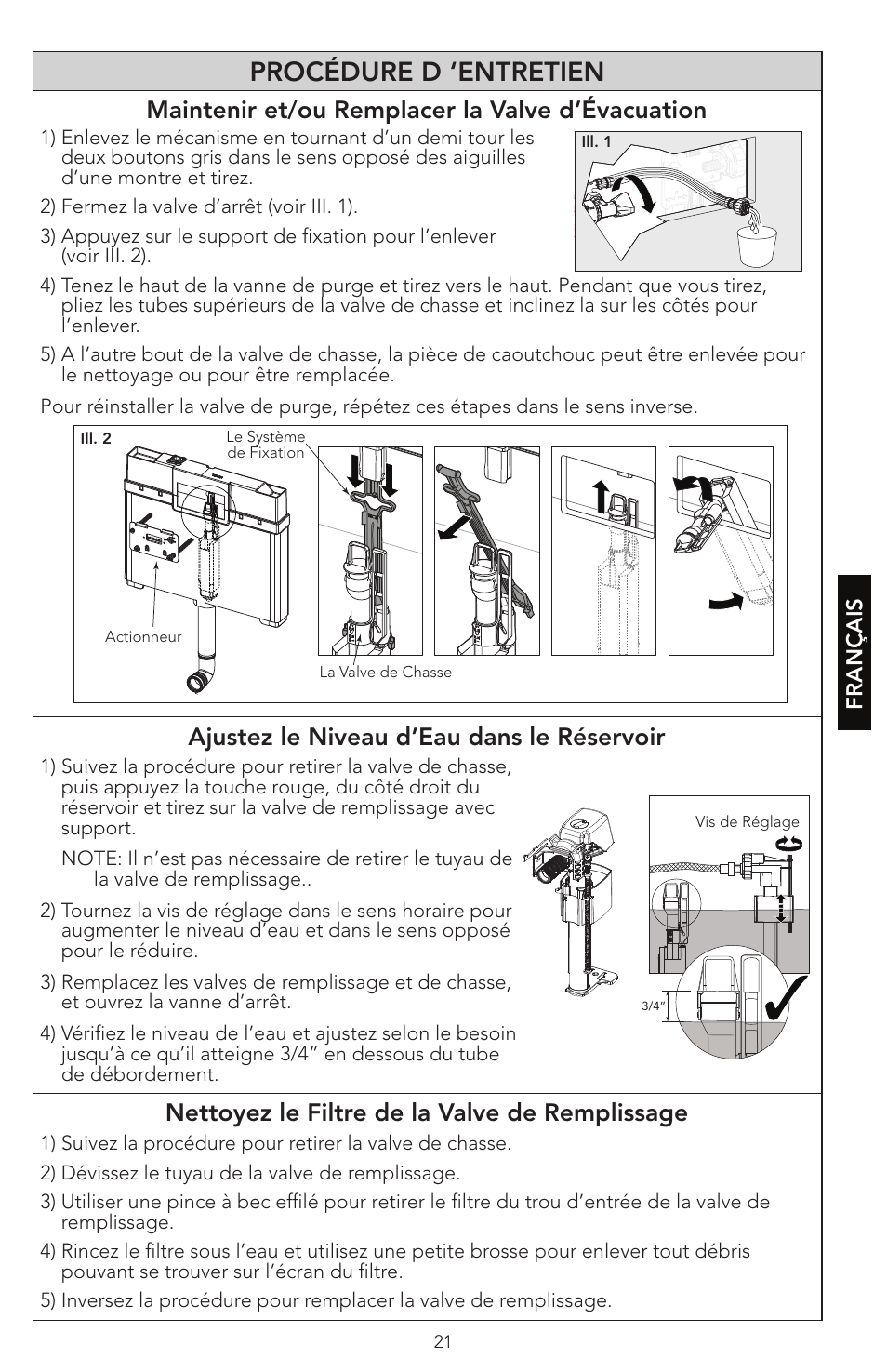 Procédure d ‘entretien, Maintenir et/ou remplacer la valve d’évacuation, Ajustez le niveau d’eau dans le réservoir | Nettoyez le filtre de la valve de remplissage, Français | Factory Direct Hardware Toto WT152M#01 In-Wall User Manual | Page 21 / 24