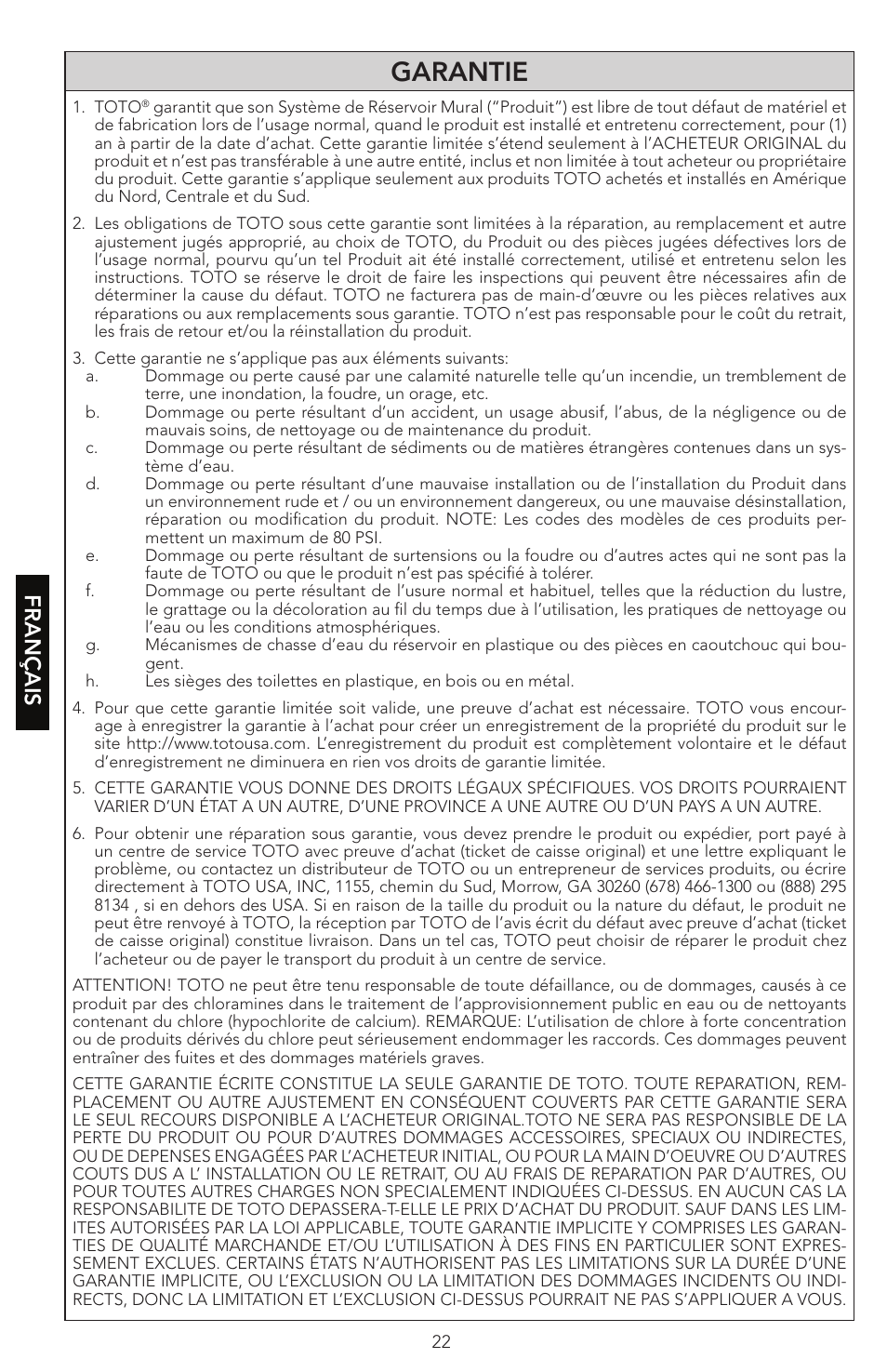Garantie, Français | Factory Direct Hardware Toto WT152M#01 In-Wall User Manual | Page 22 / 24