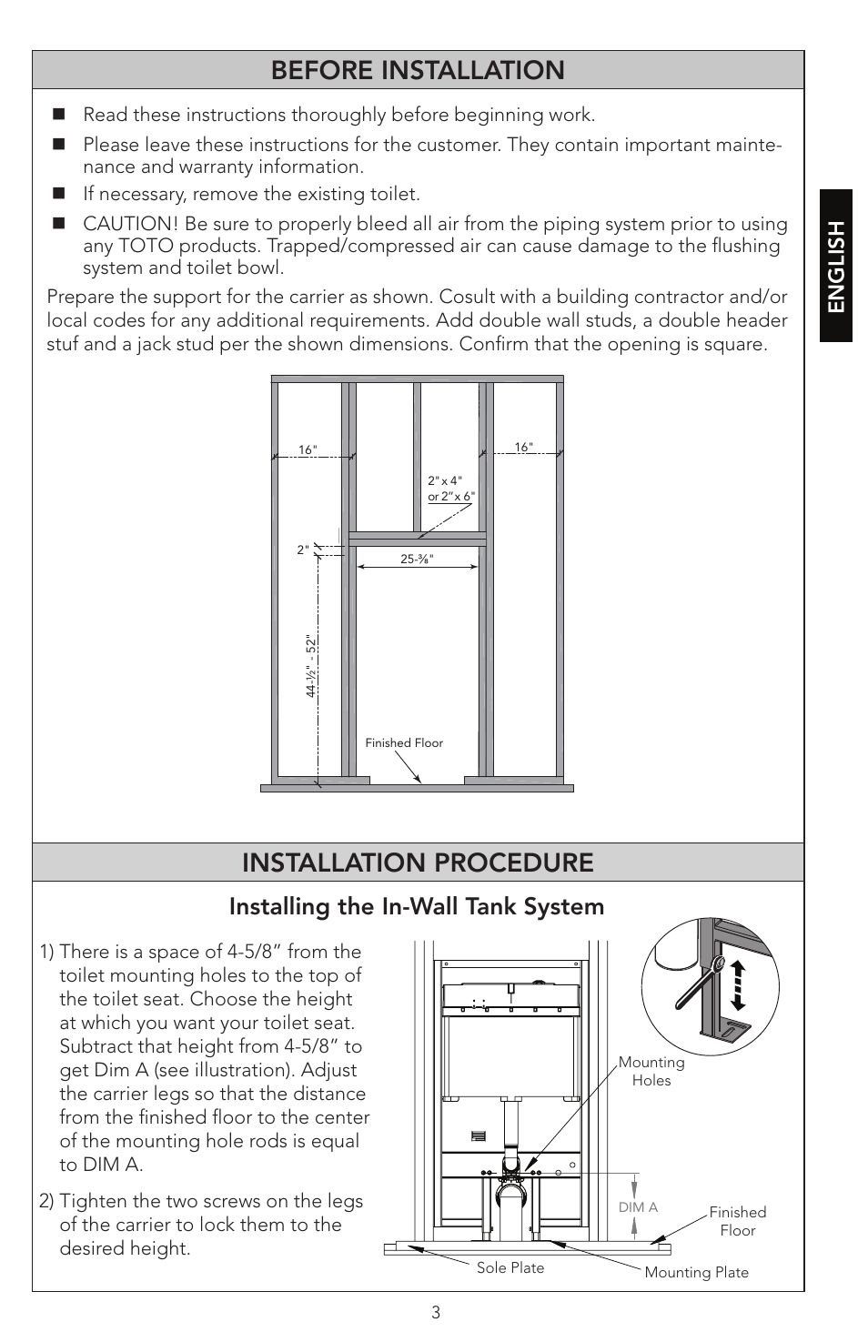 Before installation, Installation procedure, Installing the in-wall tank system | English | Factory Direct Hardware Toto WT152M#01 In-Wall User Manual | Page 3 / 24