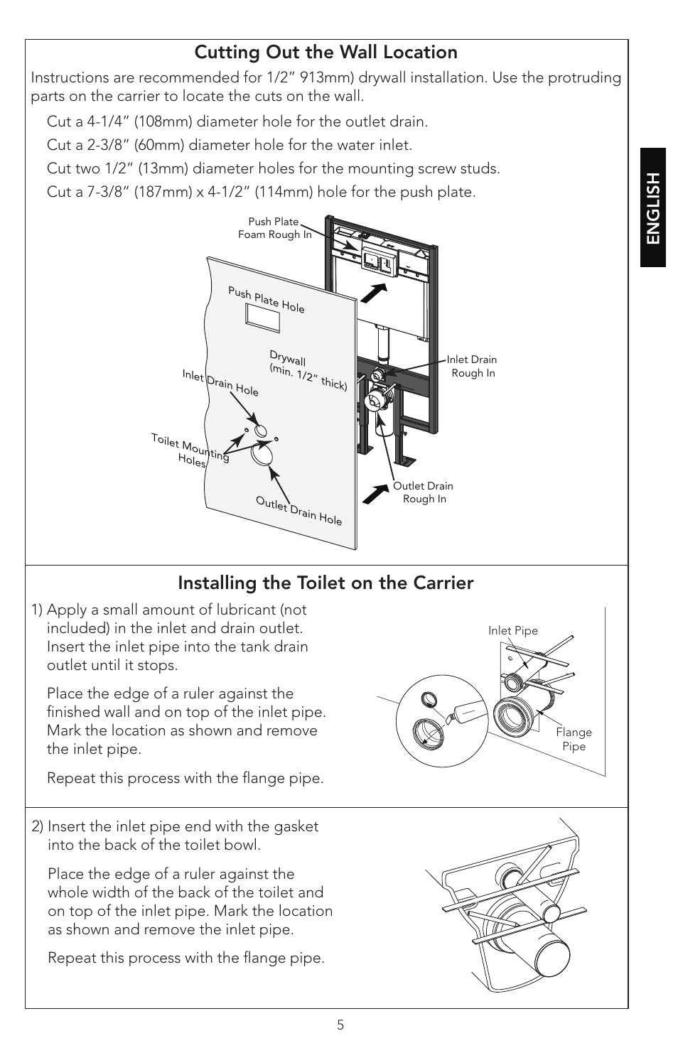 Cutting out the wall location, Installing the toilet on the carrier, English | Factory Direct Hardware Toto WT152M#01 In-Wall User Manual | Page 5 / 24