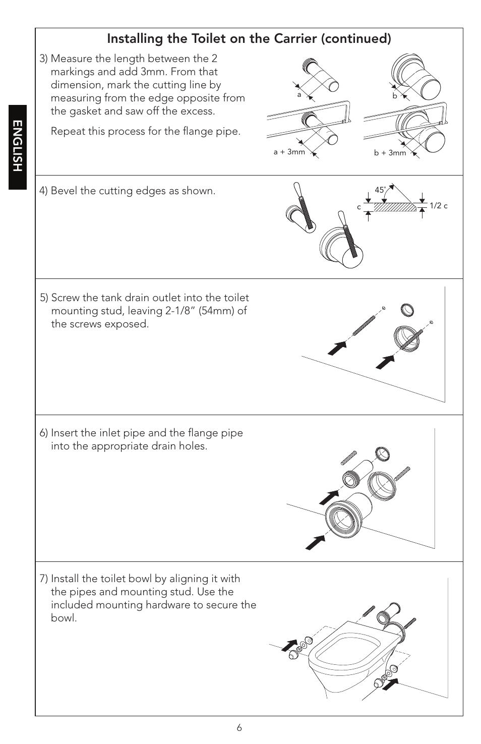 Installing the toilet on the carrier (continued), English | Factory Direct Hardware Toto WT152M#01 In-Wall User Manual | Page 6 / 24