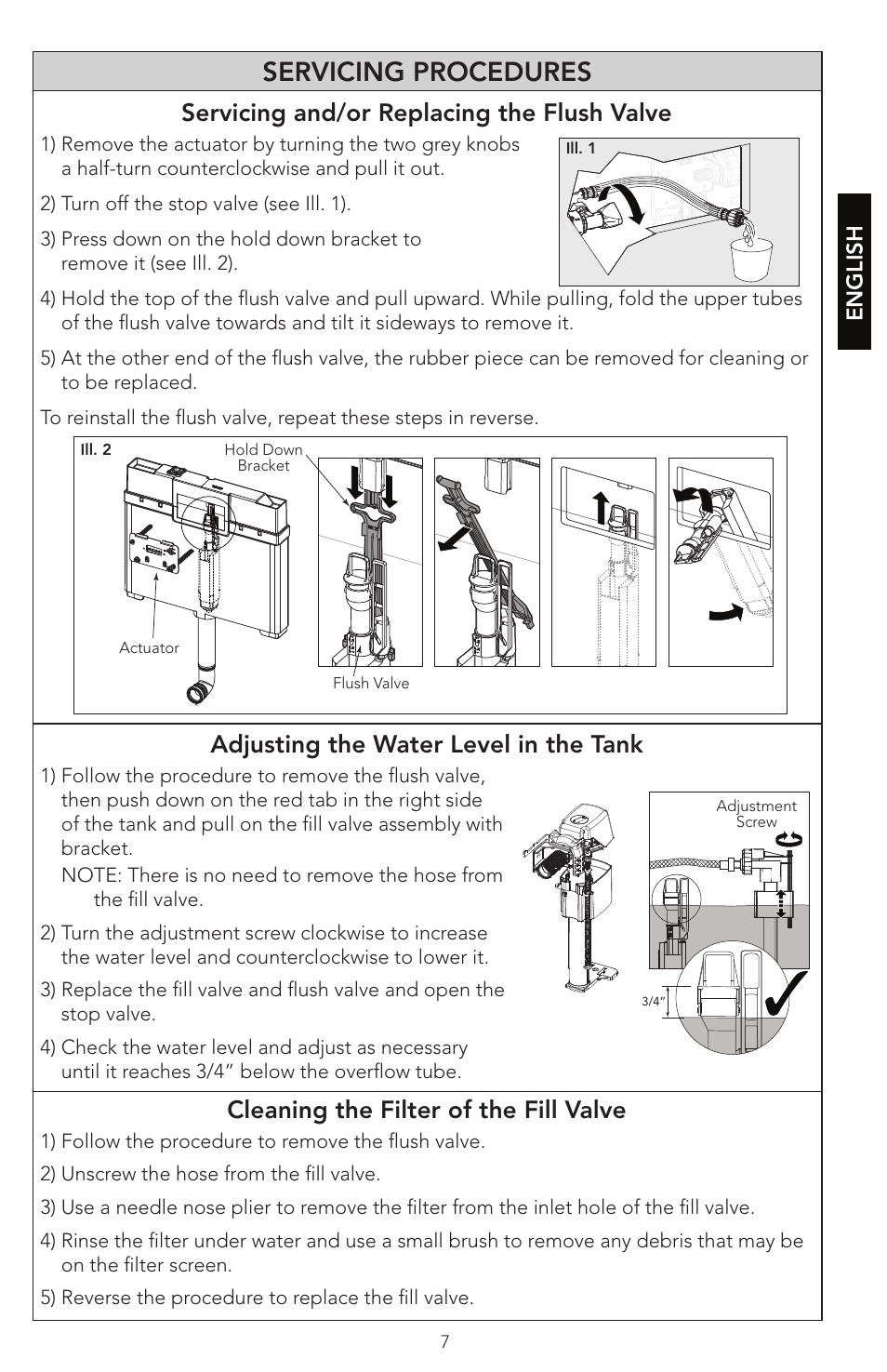 Servicing procedures, Servicing and/or replacing the flush valve, Adjusting the water level in the tank | Cleaning the filter of the fill valve, English | Factory Direct Hardware Toto WT152M#01 In-Wall User Manual | Page 7 / 24