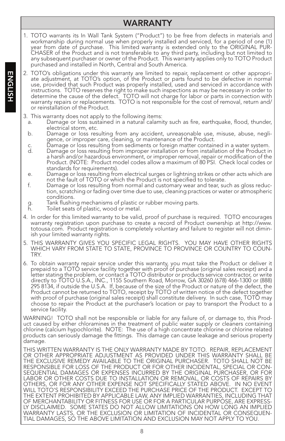 Warranty, English | Factory Direct Hardware Toto WT152M#01 In-Wall User Manual | Page 8 / 24