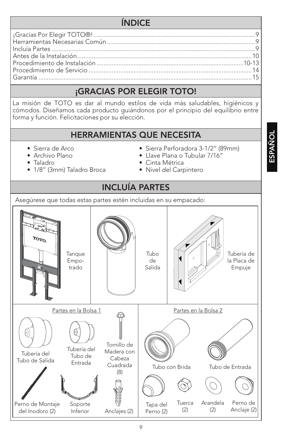 Incluía partes, Esp añol | Factory Direct Hardware Toto WT152M#01 In-Wall User Manual | Page 9 / 24