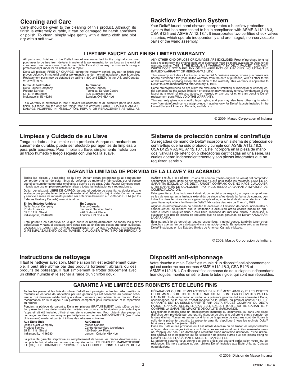 Cleaning and care, Instructions de nettoyage, Limpieza y cuidado de su llave | Backflow protection system, Sistema de protección contra el contraflujo, Dispositif anti-siphonnage, Lifetime faucet and finish limited warranty | Factory Direct Hardware Delta RP14979 Roman User Manual | Page 2 / 8