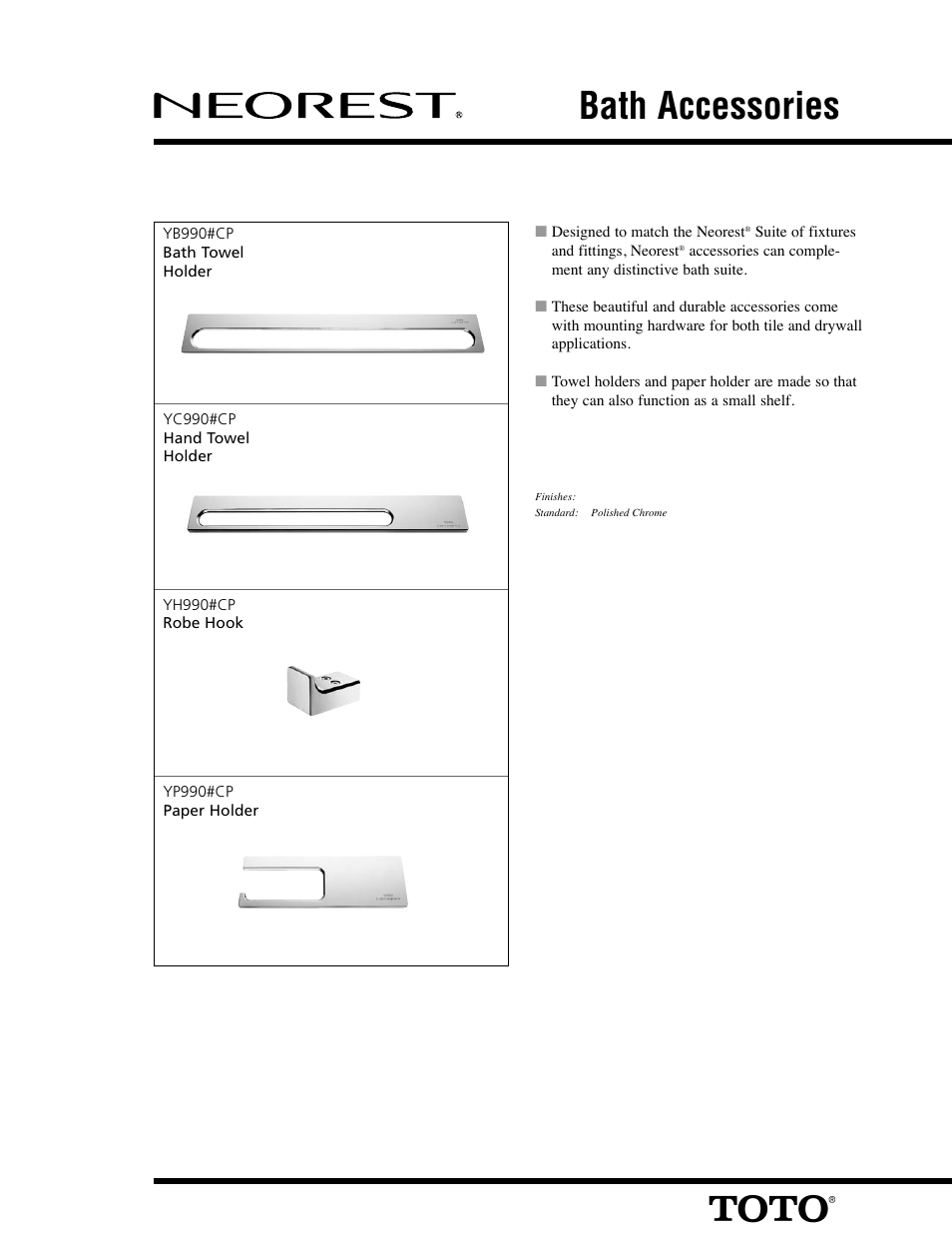 Factory Direct Hardware Toto YH990#CP Neorest User Manual | 2 pages