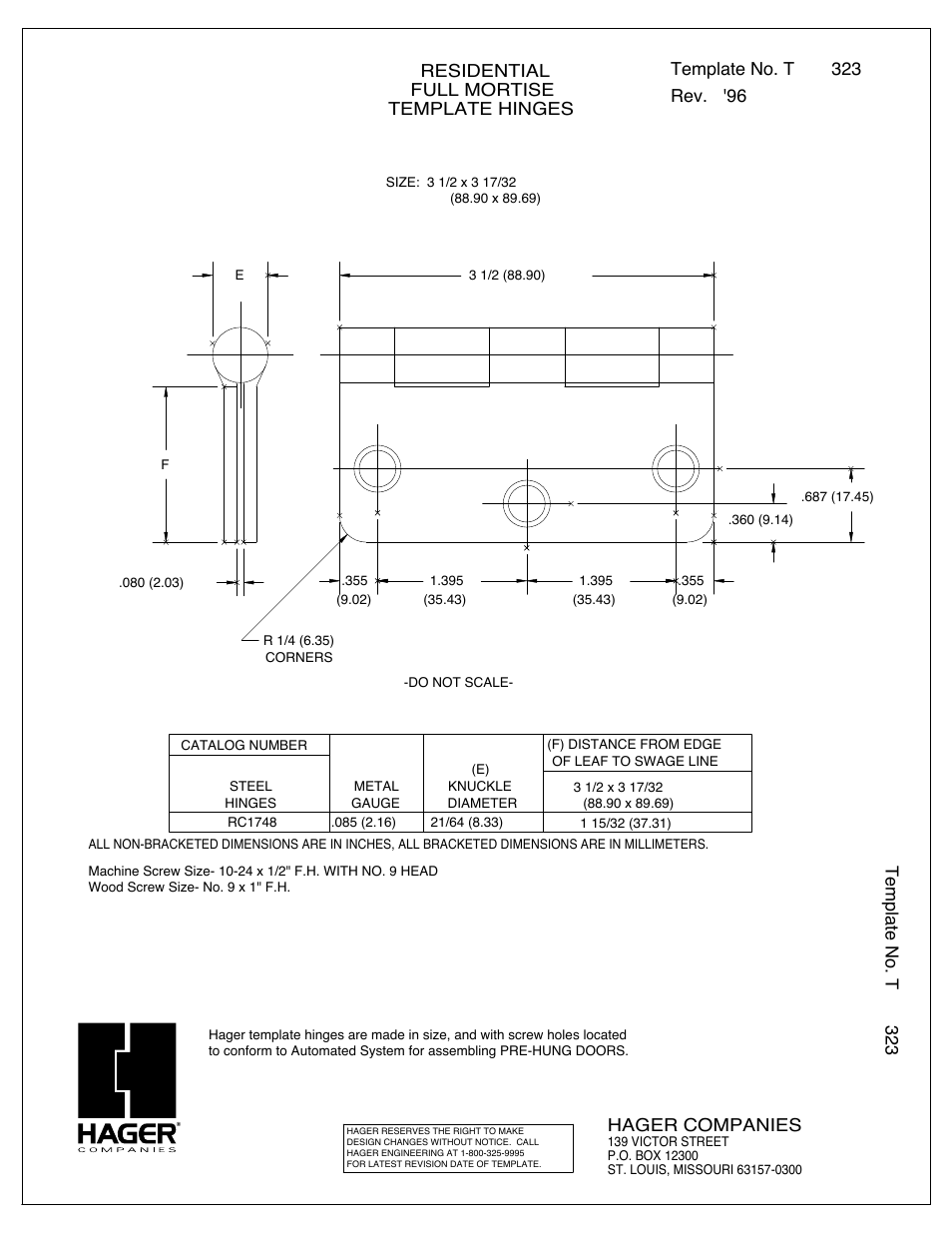 Factory Direct Hardware Hager RC1748-3.5 User Manual | 1 page