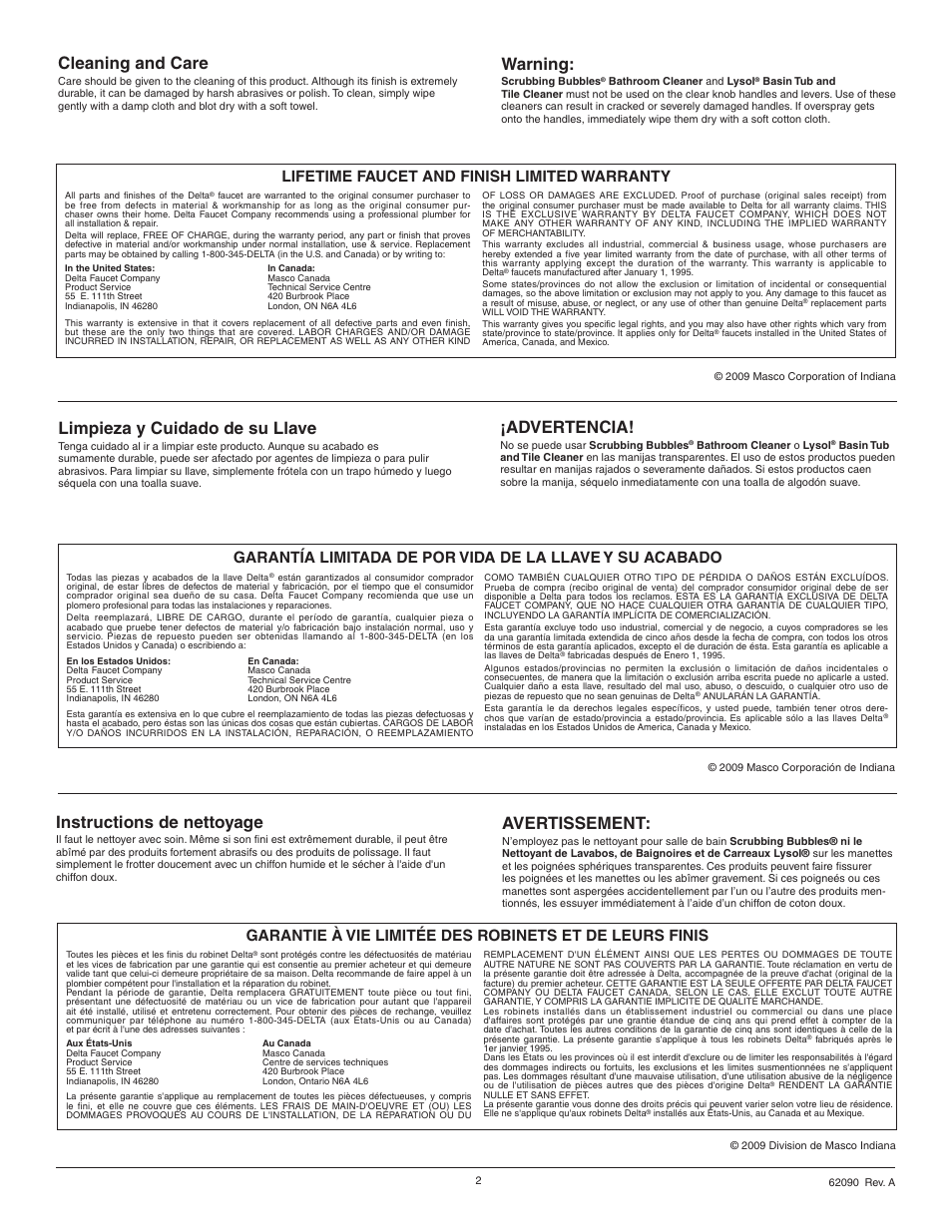 Cleaning and care, Instructions de nettoyage, Limpieza y cuidado de su llave | Warning, Advertencia, Avertissement, Lifetime faucet and finish limited warranty | Factory Direct Hardware Delta T4705 Classic User Manual | Page 2 / 8