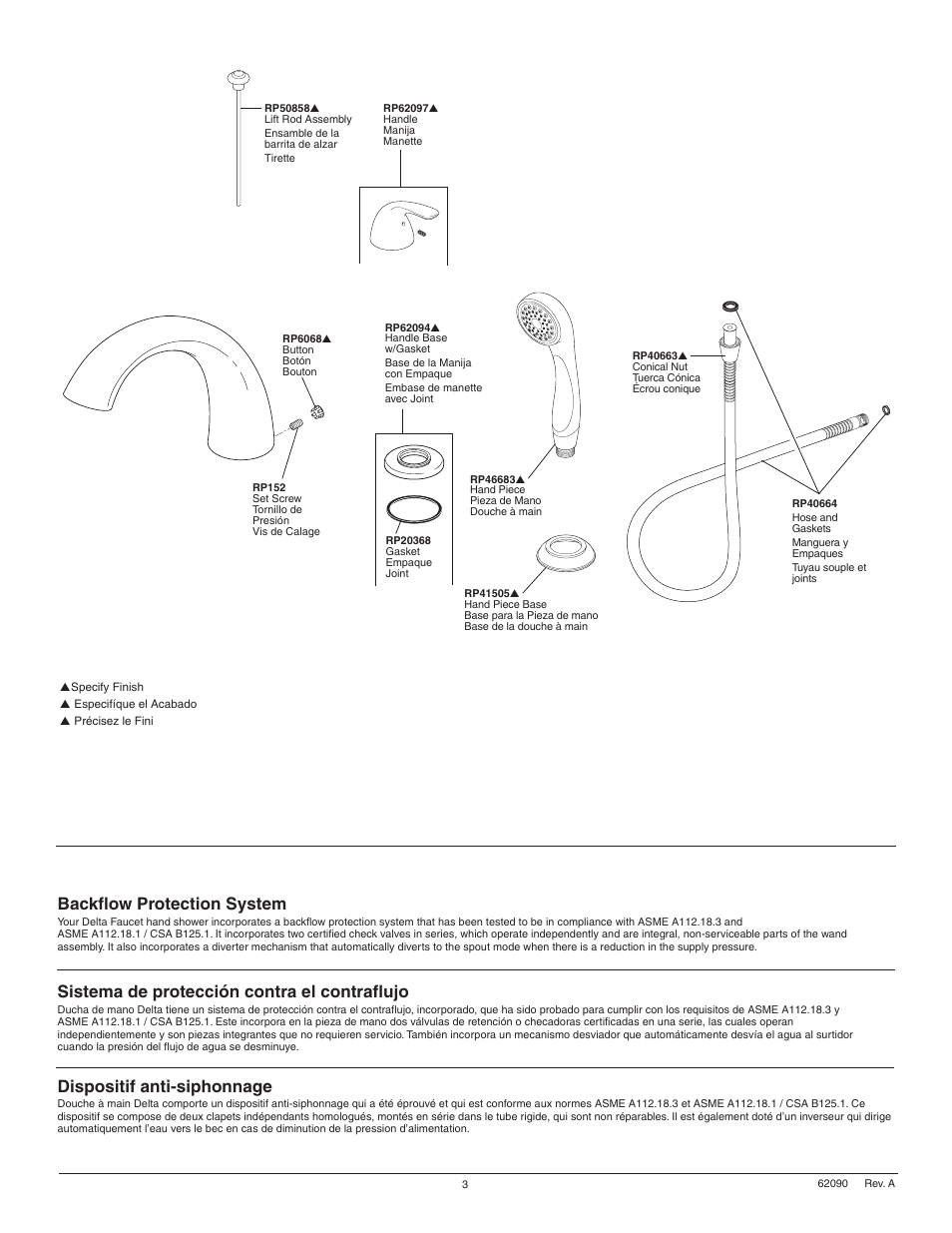 Backflow protection system, Dispositif anti-siphonnage, Sistema de protección contra el contraflujo | Factory Direct Hardware Delta T4705 Classic User Manual | Page 3 / 8