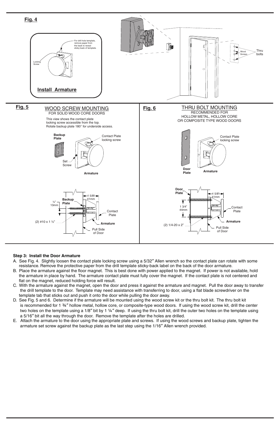 Wood screw mounting, Thru bolt mounting, Fig. 5 fig. 6 | Install armature fig. 4 | Factory Direct Hardware LCN SEM7830 User Manual | Page 2 / 2