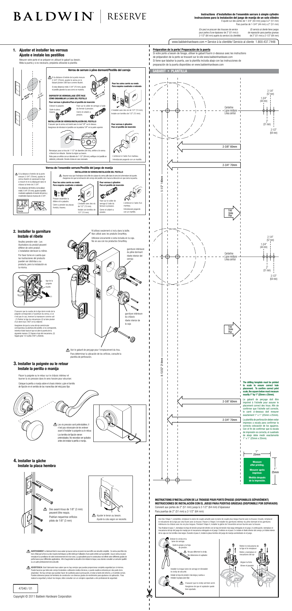 Installer la gâche instale la placa hembra, Installer la garniture instale el ribete, Gabarit • plantilla | Baldwin Columbus Handleset User Manual | Page 2 / 2
