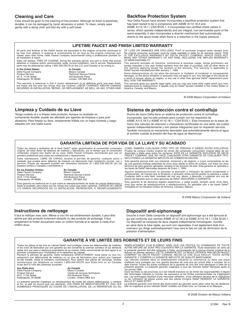 Cleaning and care, Backflow protection system, Instructions de nettoyage | Limpieza y cuidado de su llave, Sistema de protección contra el contraflujo, Dispositif anti-siphonnage, Lifetime faucet and finish limited warranty | Factory Direct Hardware Delta T4738 Lahara User Manual | Page 2 / 8