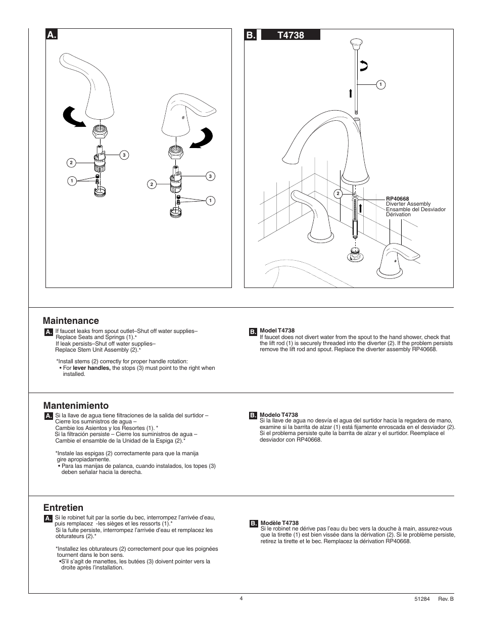 Maintenance, Mantenimiento, Entretien | T4738 b | Factory Direct Hardware Delta T4738 Lahara User Manual | Page 4 / 8