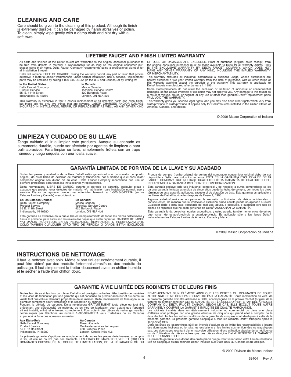 Cleaning and care, Instructions de nettoyage, Limpieza y cuidado de su llave | Lifetime faucet and finish limited warranty | Factory Direct Hardware Delta T2705 Classic User Manual | Page 4 / 4