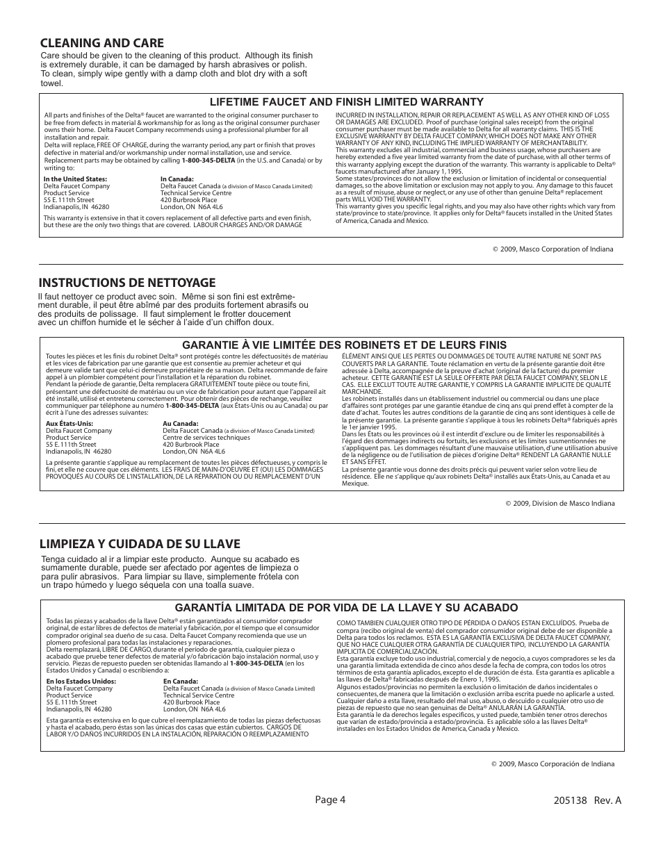 Cleaning and care, Instructions de nettoyage, Limpieza y cuidada de su llave | Lifetime faucet and finish limited warranty | Factory Direct Hardware Delta T2786 Arzo User Manual | Page 4 / 4