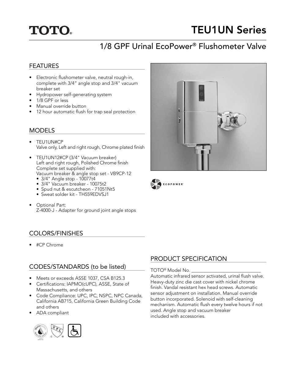 Factory Direct Hardware Toto TEU1UN12#CP EcoPower User Manual | 2 pages