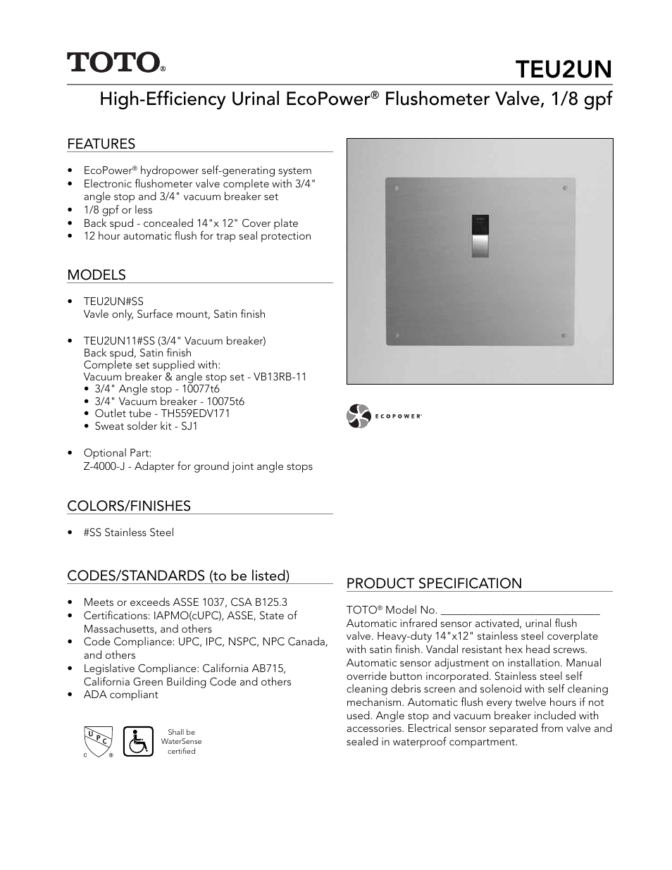 Factory Direct Hardware Toto TEU2UN11#SS User Manual | 2 pages