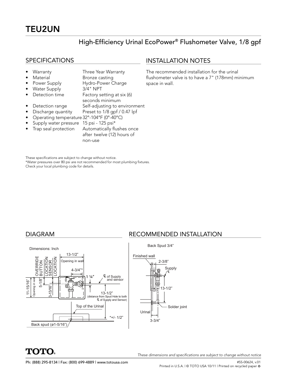 Teu2un, High-effi ciency urinal ecopower, Flushometer valve, 1/8 gpf | Specifications, Diagram recommended installation | Factory Direct Hardware Toto TEU2UN11#SS User Manual | Page 2 / 2