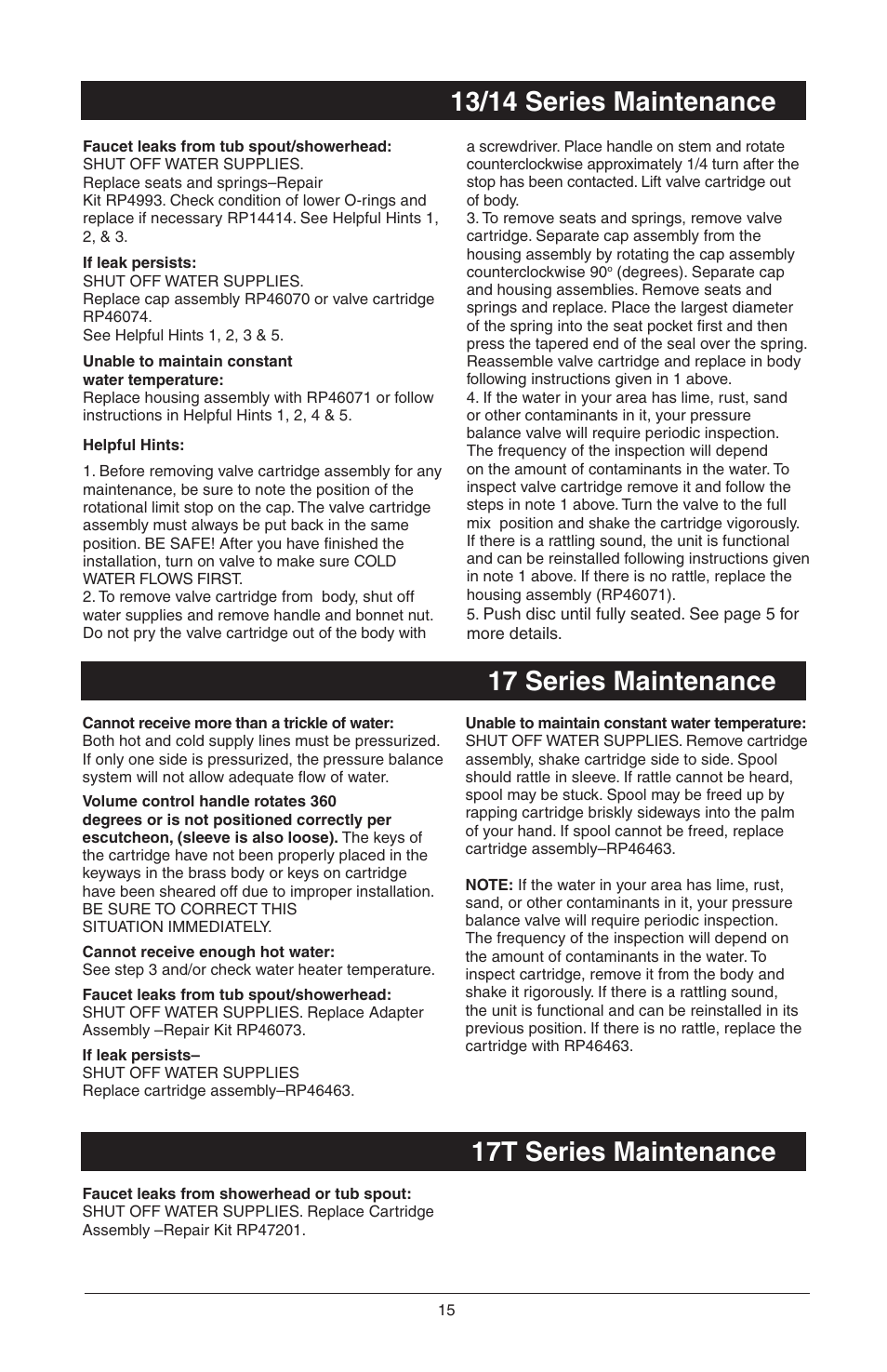 17 series maintenance, 13/14 series maintenance, 17t series maintenance | Factory Direct Hardware Delta T17285 Grail User Manual | Page 17 / 78