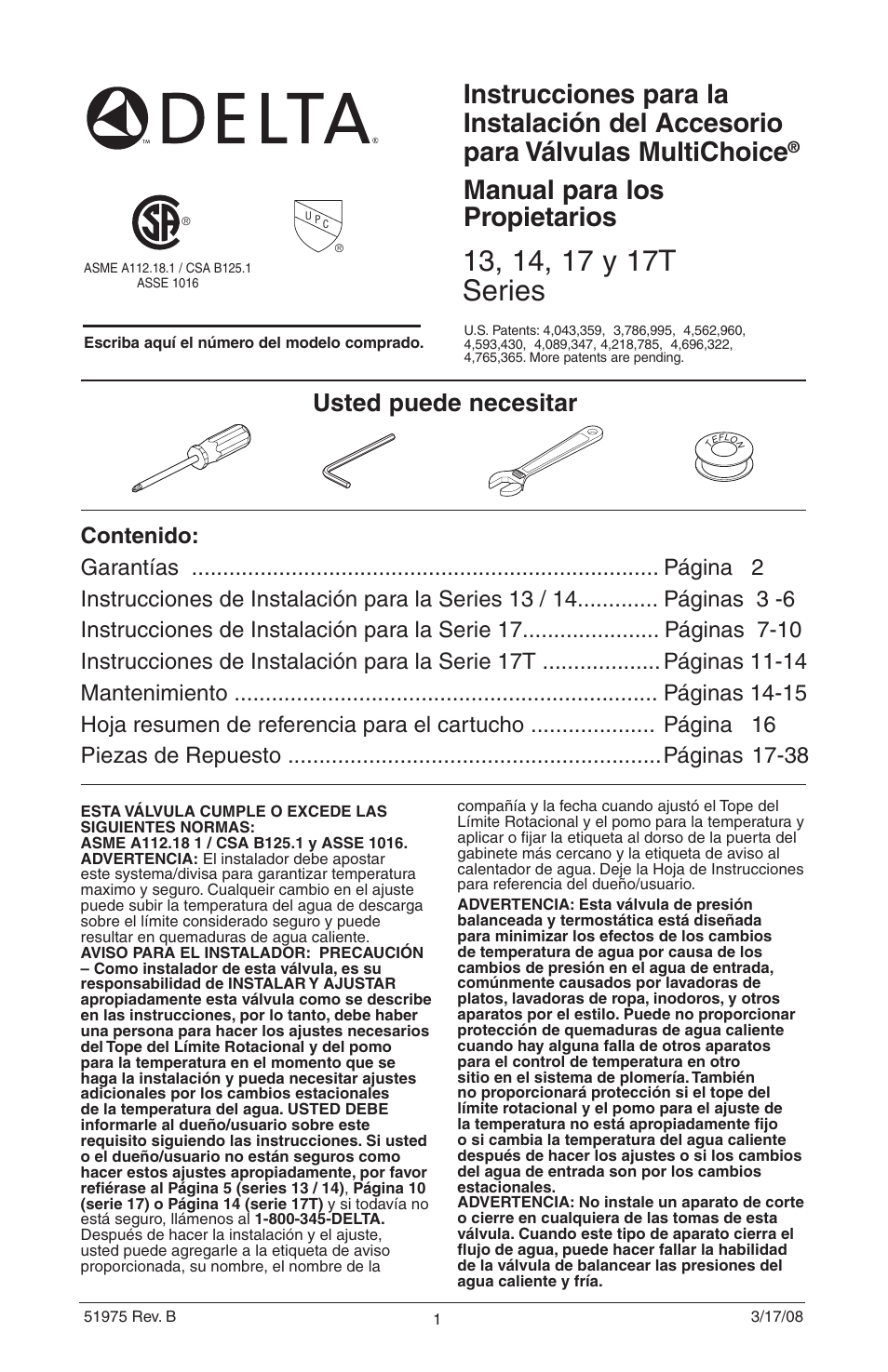 Manual para los propietarios, Usted puede necesitar | Factory Direct Hardware Delta T17285 Grail User Manual | Page 19 / 78