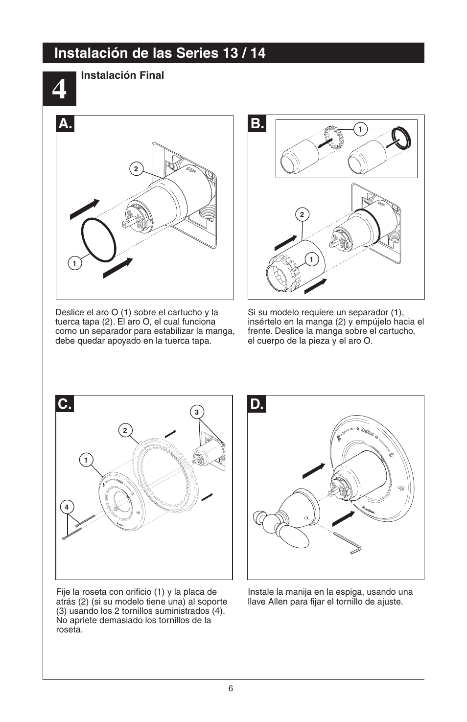 Instalación de las series 13 / 14, C. d. a. b | Factory Direct Hardware Delta T17285 Grail User Manual | Page 24 / 78
