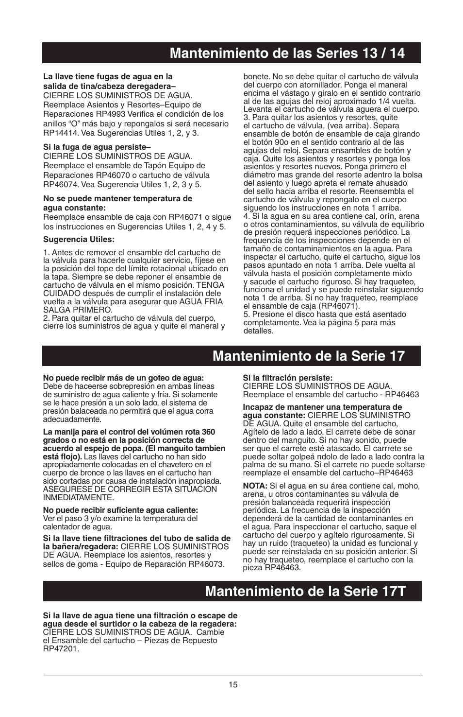 Mantenimiento de la serie 17, Mantenimiento de las series 13 / 14, Mantenimiento de la serie 17t | Factory Direct Hardware Delta T17285 Grail User Manual | Page 33 / 78