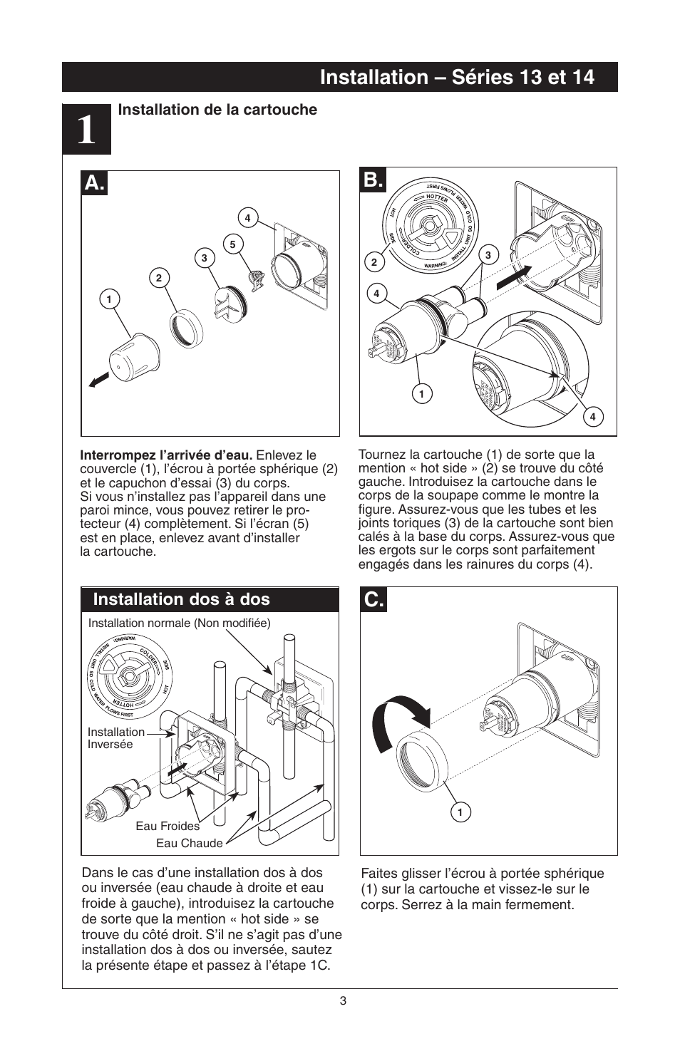 Installation – séries 13 et 14, Installation dos à dos | Factory Direct Hardware Delta T17285 Grail User Manual | Page 37 / 78