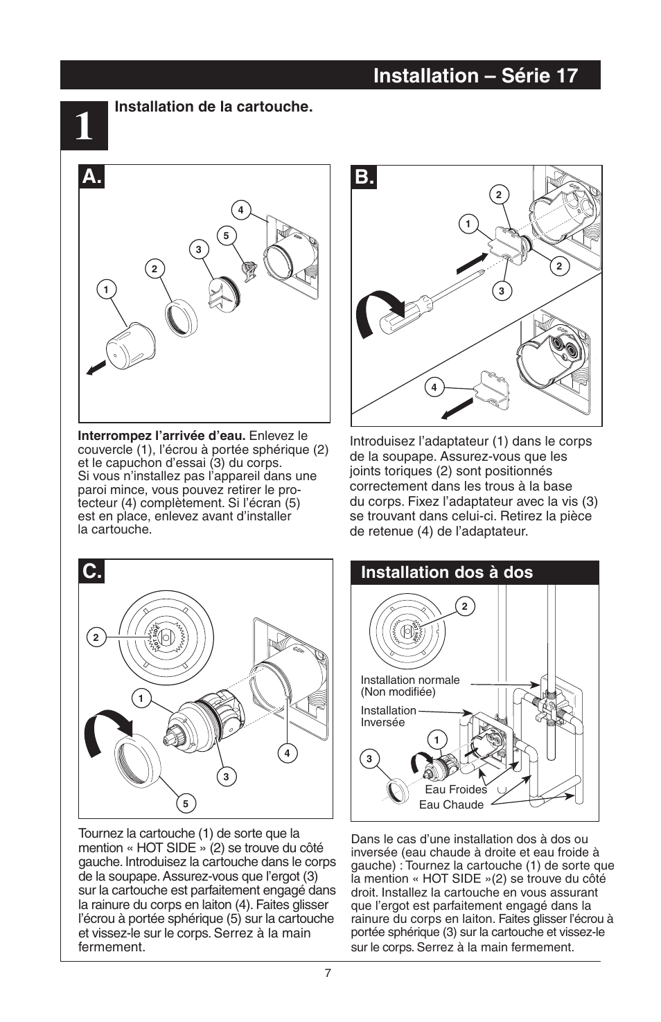 Installation – série 17, C. b, Installation dos à dos | Factory Direct Hardware Delta T17285 Grail User Manual | Page 41 / 78