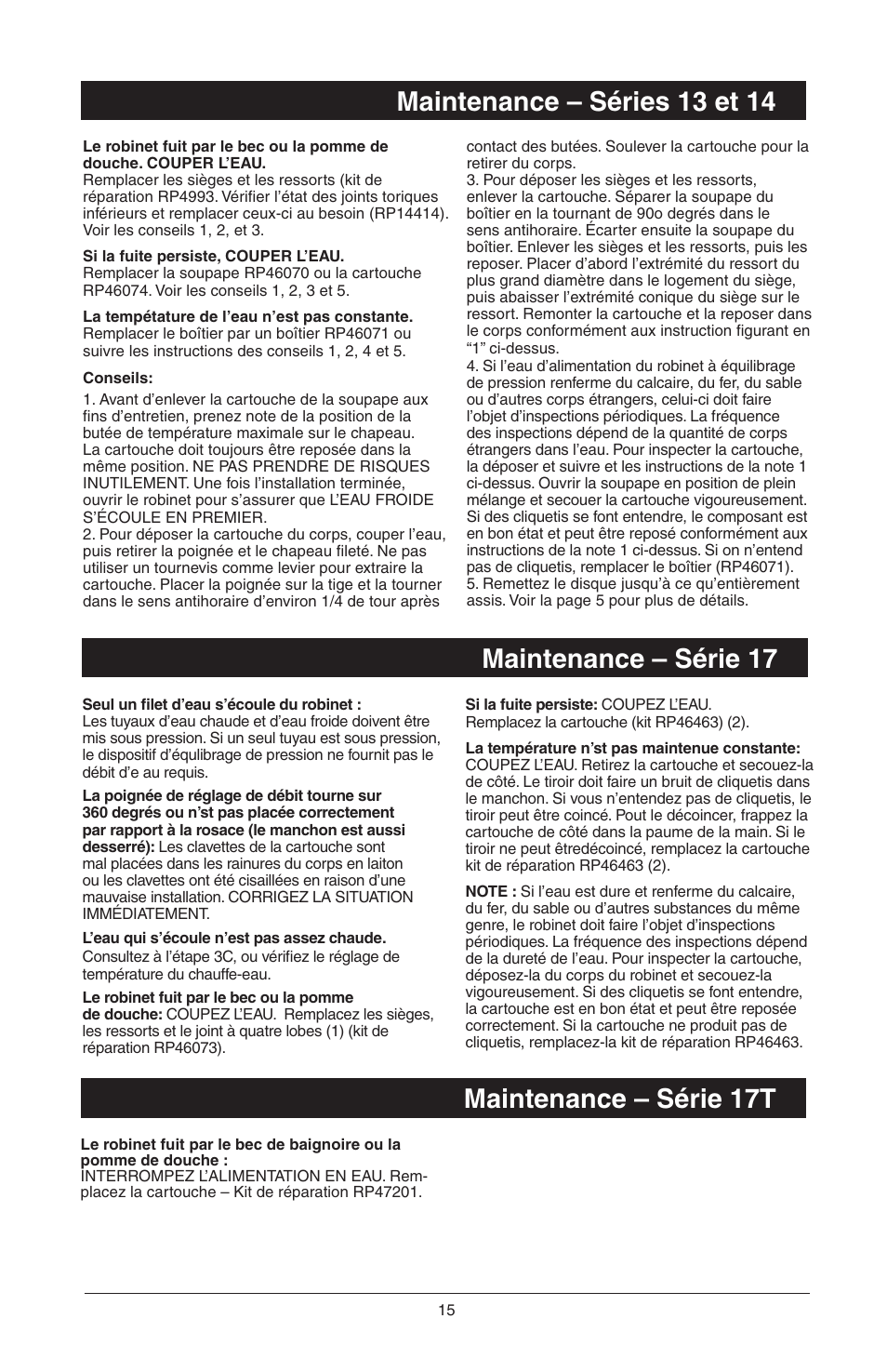 Maintenance – série 17, Maintenance – séries 13 et 14, Maintenance – série 17t | Factory Direct Hardware Delta T17285 Grail User Manual | Page 49 / 78
