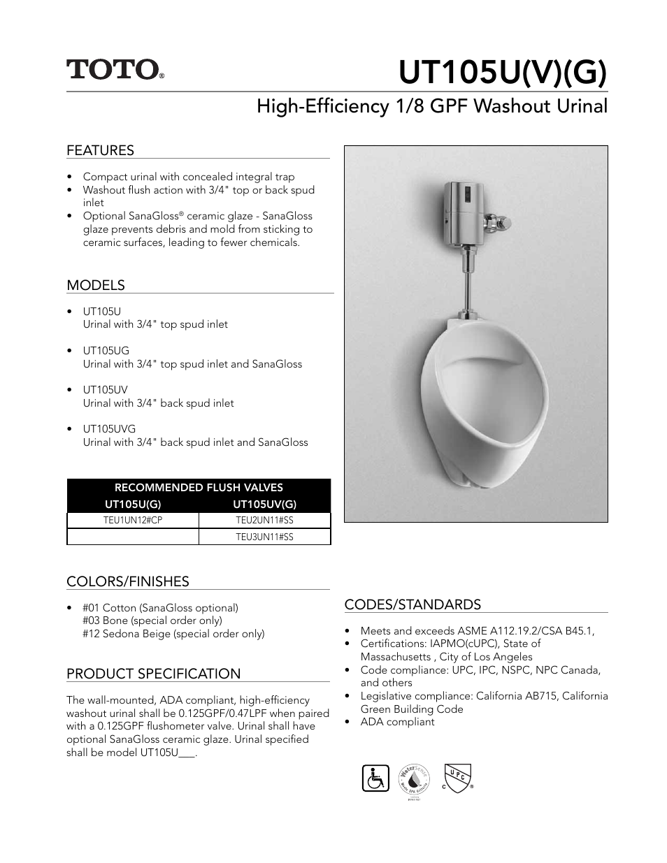 Factory Direct Hardware Toto UT105UVG#01 User Manual | 2 pages