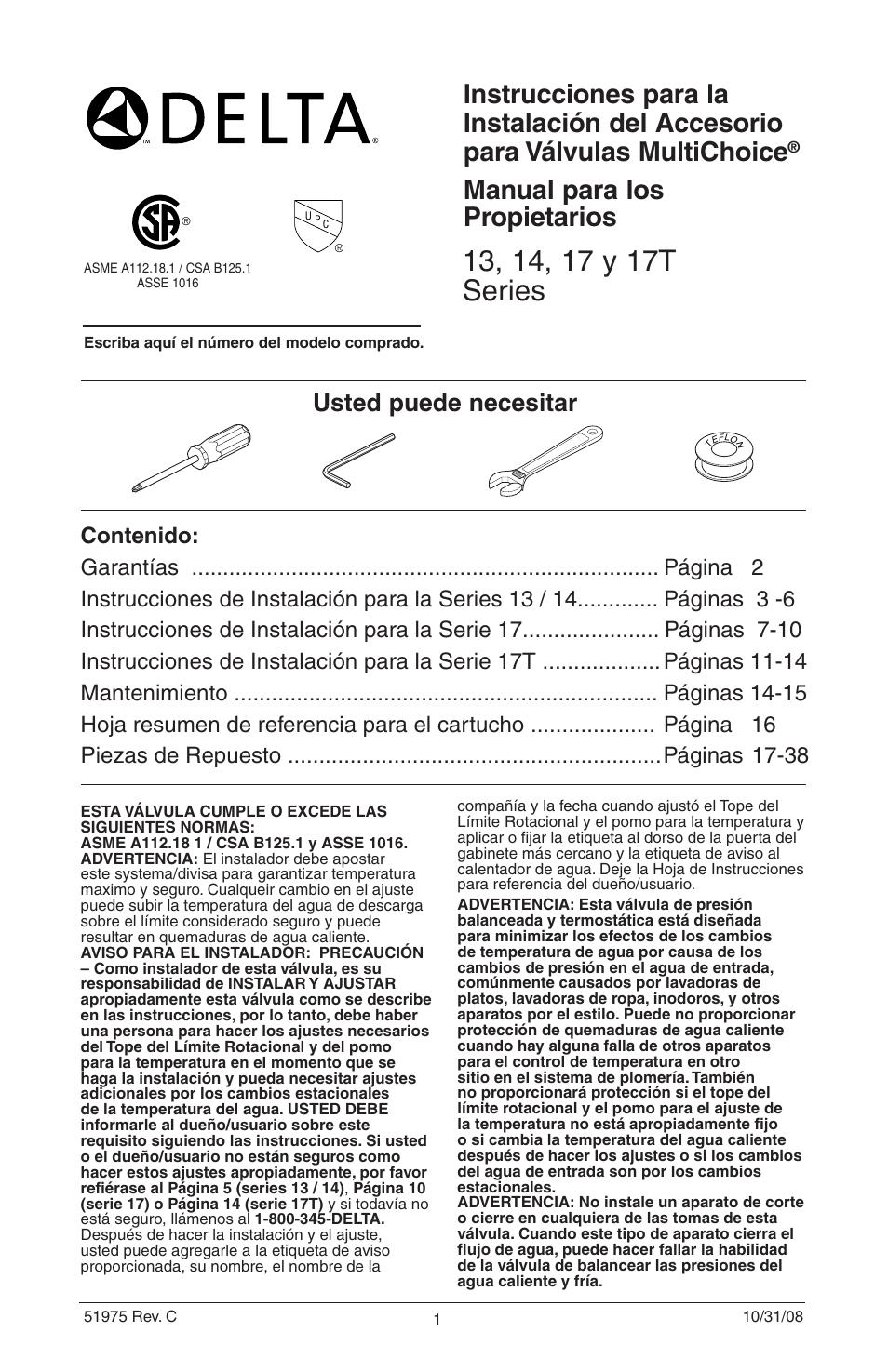 Manual para los propietarios, Usted puede necesitar | Factory Direct Hardware Delta T17451 Dryden User Manual | Page 19 / 78