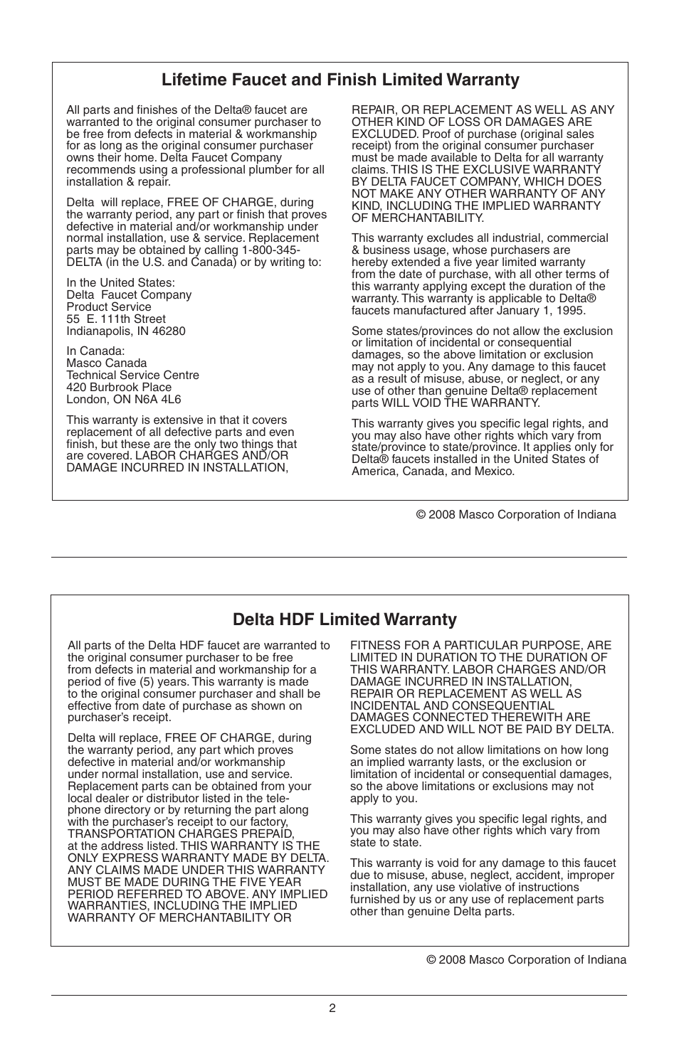 Lifetime faucet and finish limited warranty, Delta hdf limited warranty | Factory Direct Hardware Delta T17451 Dryden User Manual | Page 4 / 78