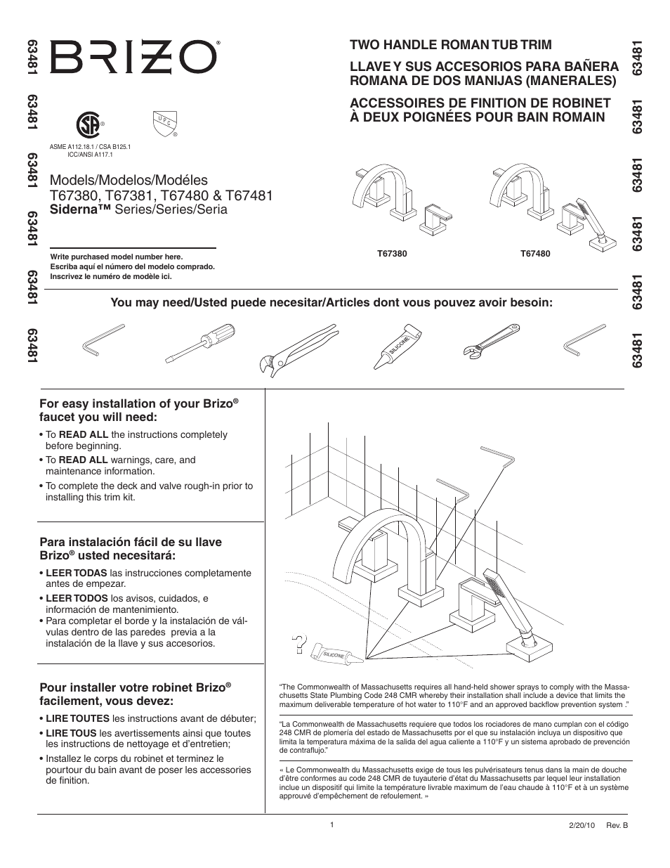Factory Direct Hardware Brizo T67480 Siderna User Manual | 8 pages