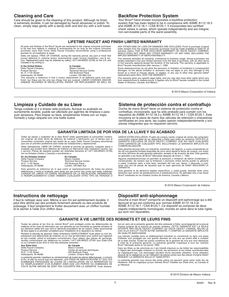 Cleaning and care, Backflow protection system, Instructions de nettoyage | Limpieza y cuidado de su llave, Sistema de protección contra el contraflujo, Dispositif anti-siphonnnage, Lifetime faucet and finish limited warranty | Factory Direct Hardware Brizo T67480 Siderna User Manual | Page 2 / 8