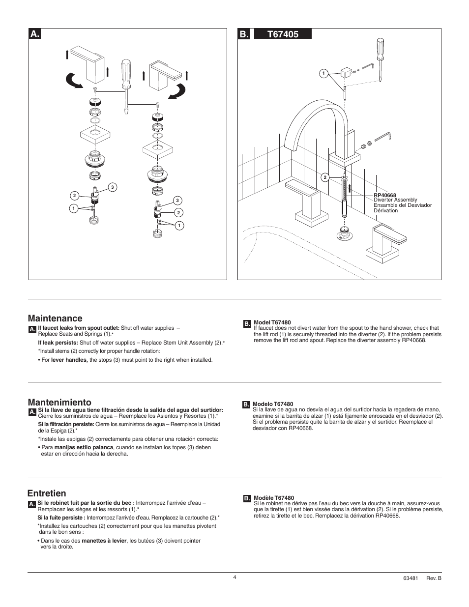 Maintenance, Mantenimiento, Entretien | Factory Direct Hardware Brizo T67480 Siderna User Manual | Page 4 / 8
