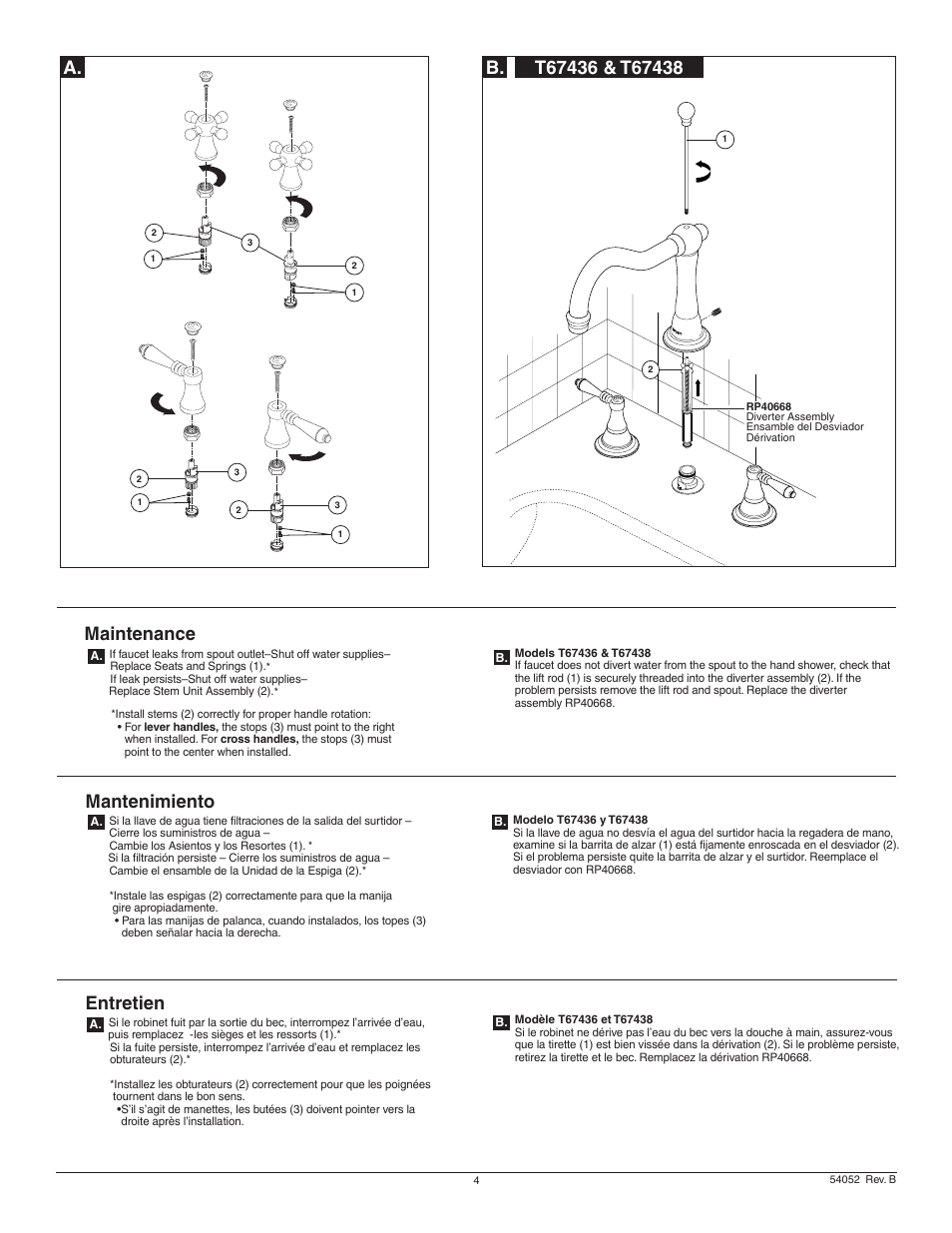 Maintenance, Mantenimiento, Entretien | Factory Direct Hardware Brizo T67338 Tresa User Manual | Page 4 / 8