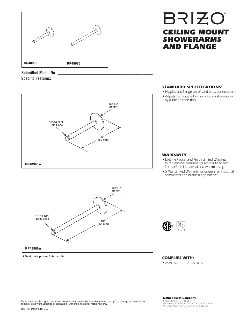 Factory Direct Hardware Brizo RP48985 Virage User Manual | 1 page