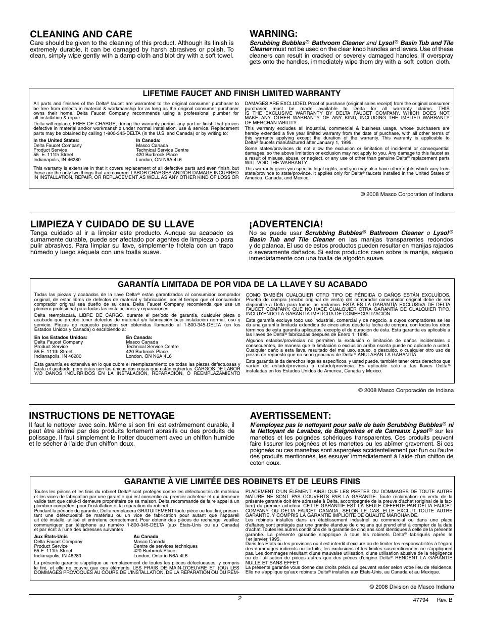 Cleaning and care, Warning, Instructions de nettoyage | Avertissement, Limpieza y cuidado de su llave, Advertencia, Lifetime faucet and finish limited warranty | Factory Direct Hardware Delta T2710 Classic User Manual | Page 2 / 8