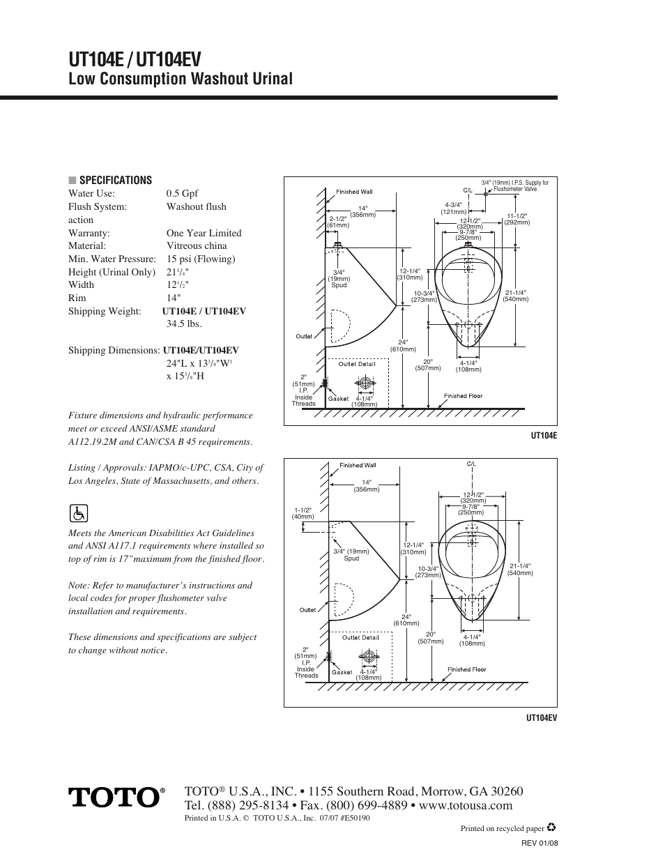 Low consumption washout urinal, Toto, Specifications | Factory Direct Hardware Toto UT104E High User Manual | Page 2 / 2