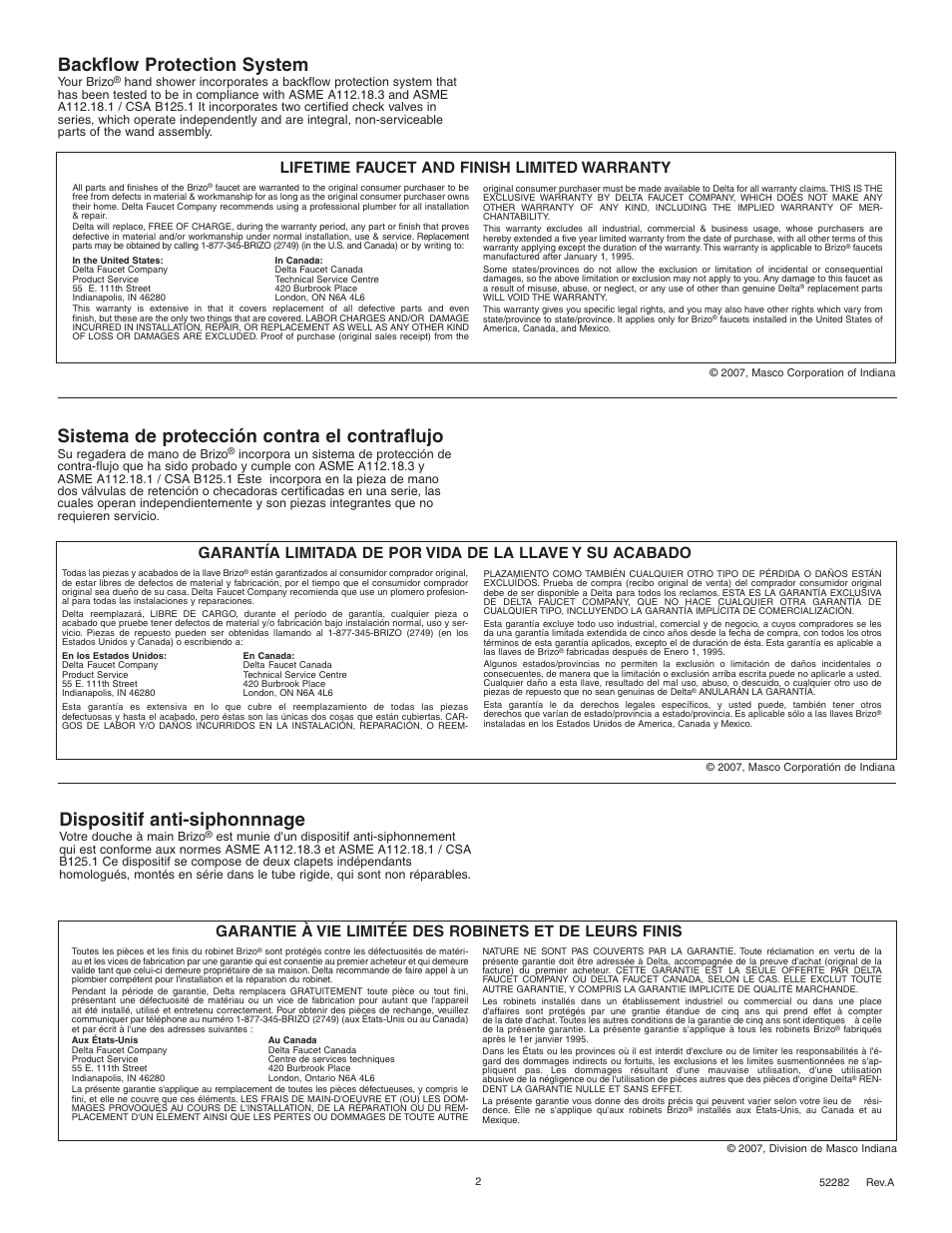Backflow protection system, Sistema de protección contra el contraflujo, Dispositif anti-siphonnnage | Lifetime faucet and finish limited warranty | Factory Direct Hardware Brizo RP41202 Vesi User Manual | Page 2 / 2