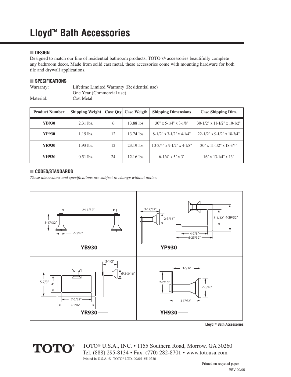 Lloyd, Bath accessories, Toto | Factory Direct Hardware Toto YB930 Lloyd User Manual | Page 2 / 2